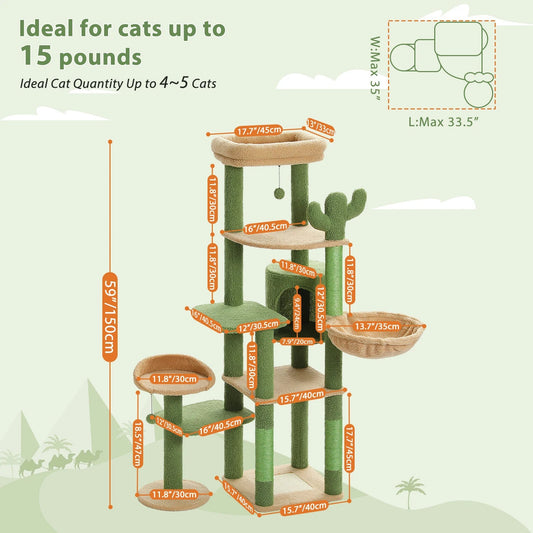 Cactus Tall Cat Tree for Large Cat Multi-Level Cat Tower for Indoor Cats Cat Condo with Large Hammock Scratching Post 2 Perches Crazy Catlady Shop
