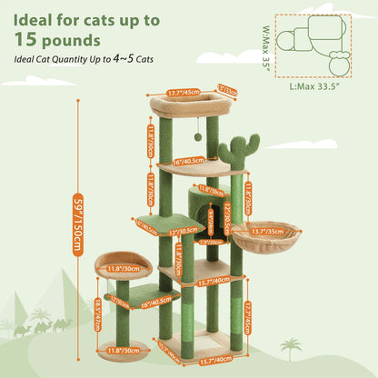 Cactus Tall Cat Tree for Large Cat Multi-Level Cat Tower for Indoor Cats Cat Condo with Large Hammock Scratching Post  2 Perches Crazy Catlady Shop