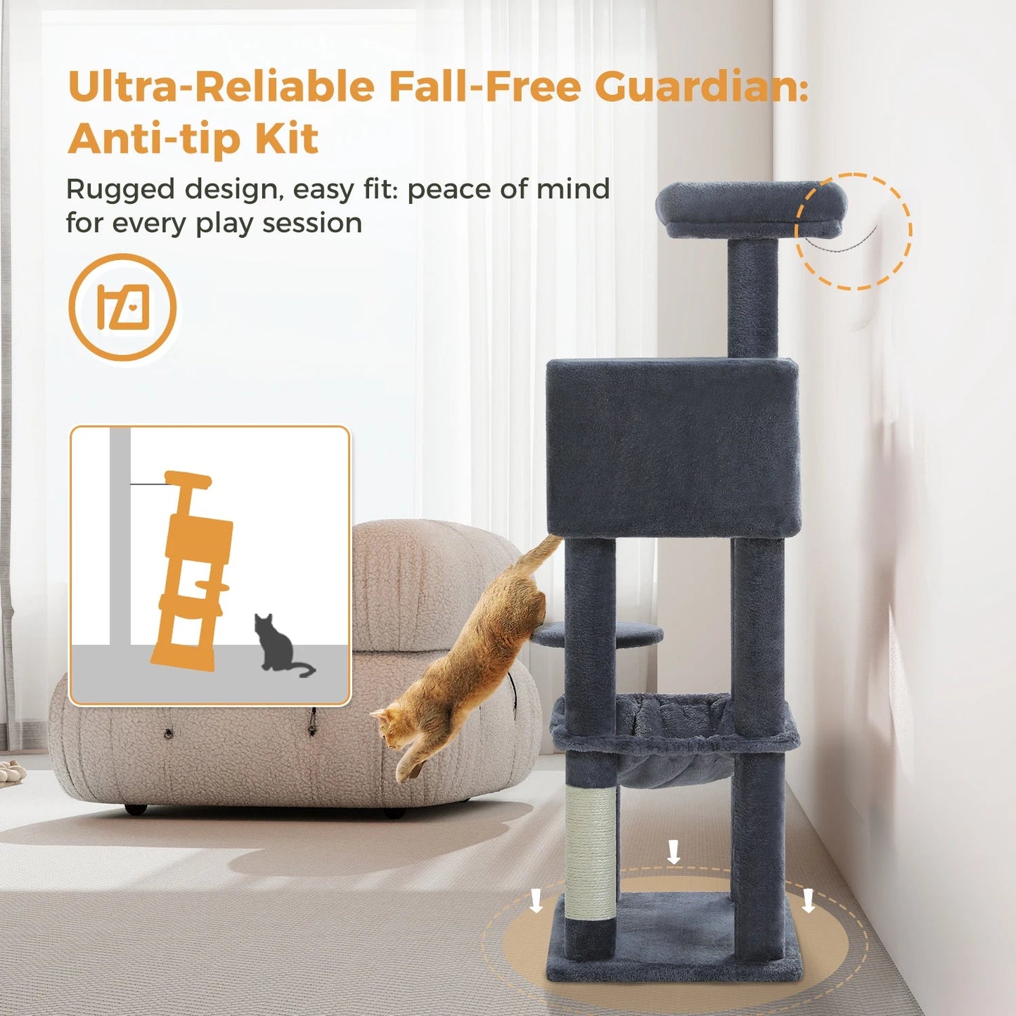 Stabilt 5-nivåers  Klös träd 113 cm med koja, sittplatser & klös stolpar Crazy Catlady Shop