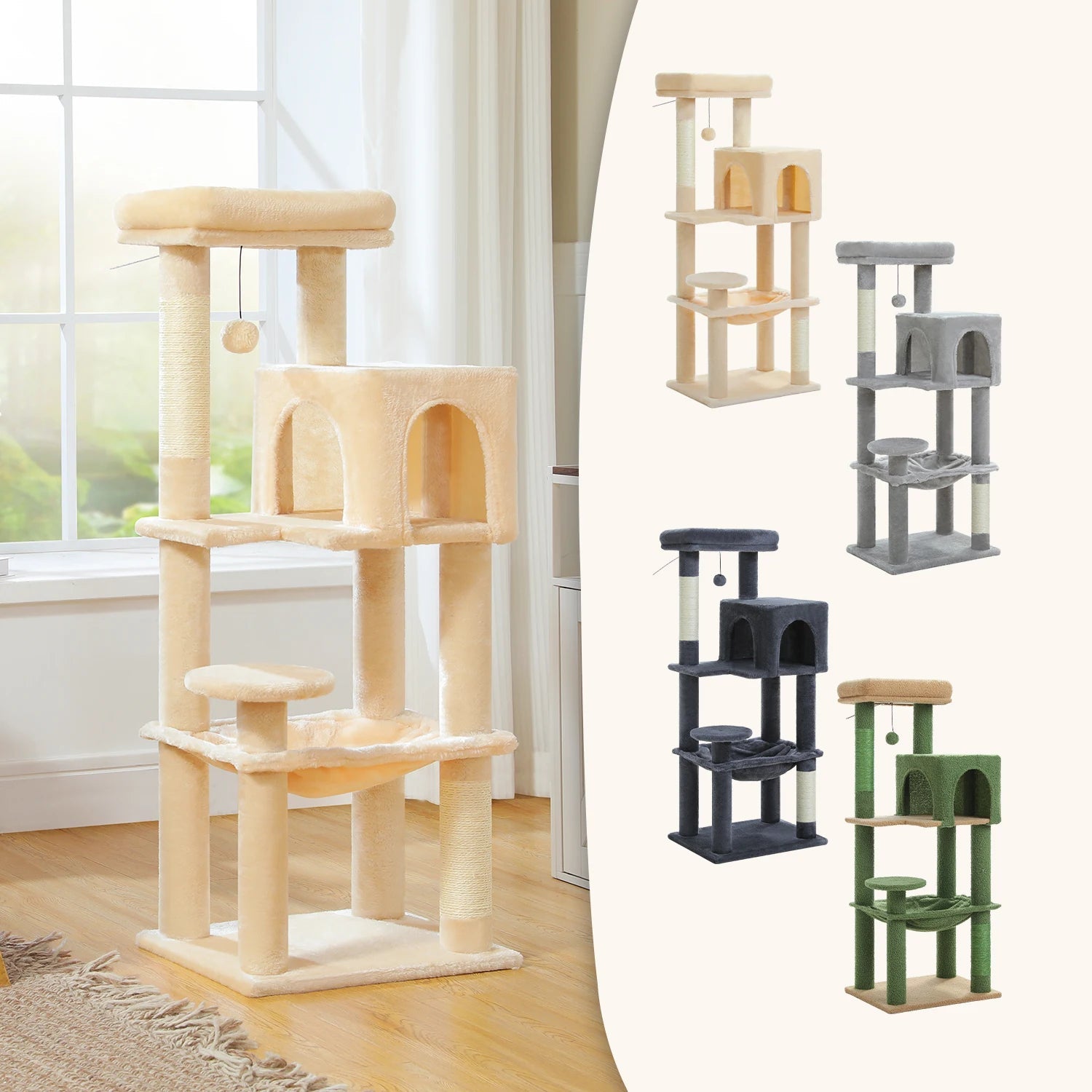 Stabilt 5-nivåers  Klös träd 113 cm med koja, sittplatser & klös stolpar Crazy Catlady Shop