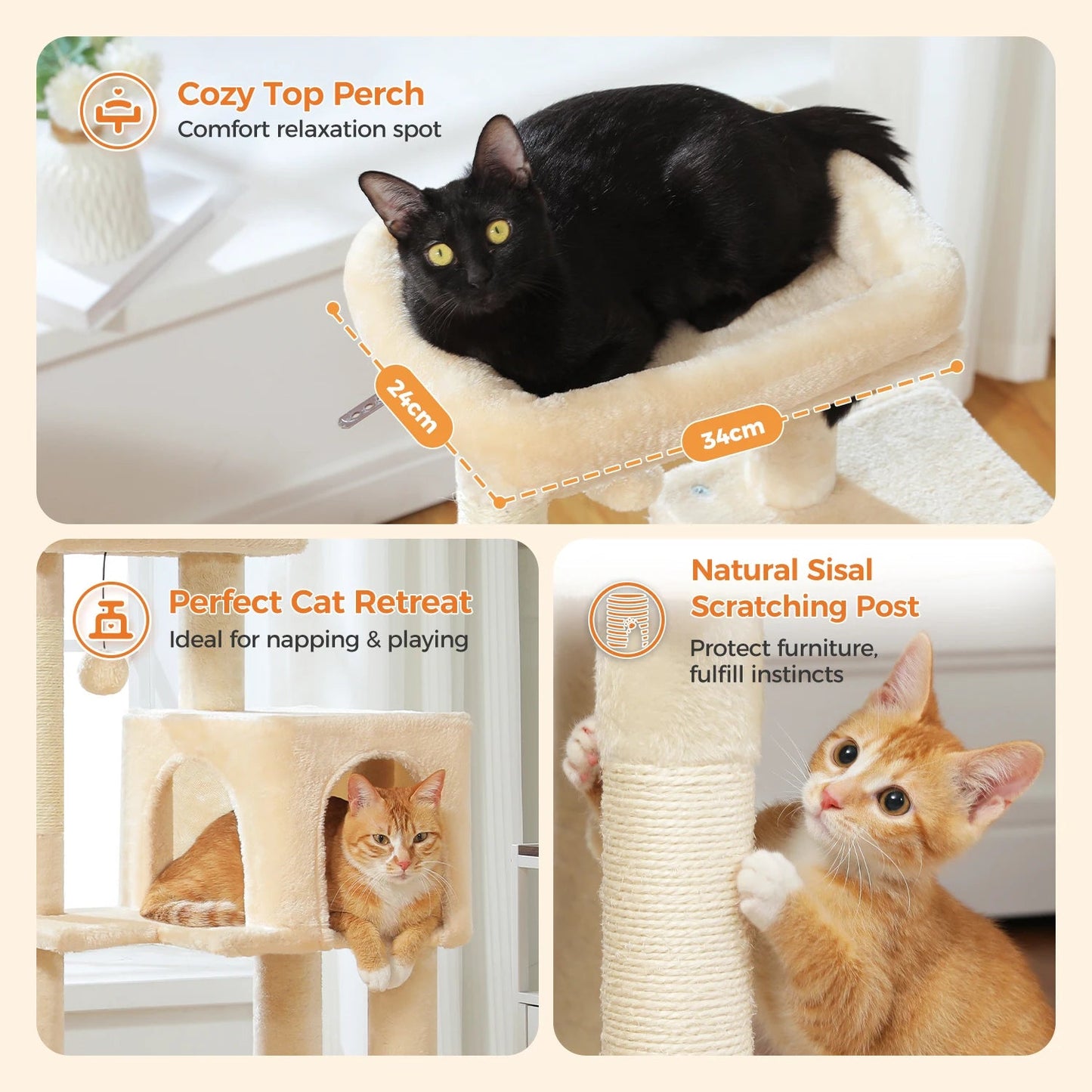 Stabilt 5-nivåers  Klös träd 113 cm med koja, sittplatser & klös stolpar Crazy Catlady Shop