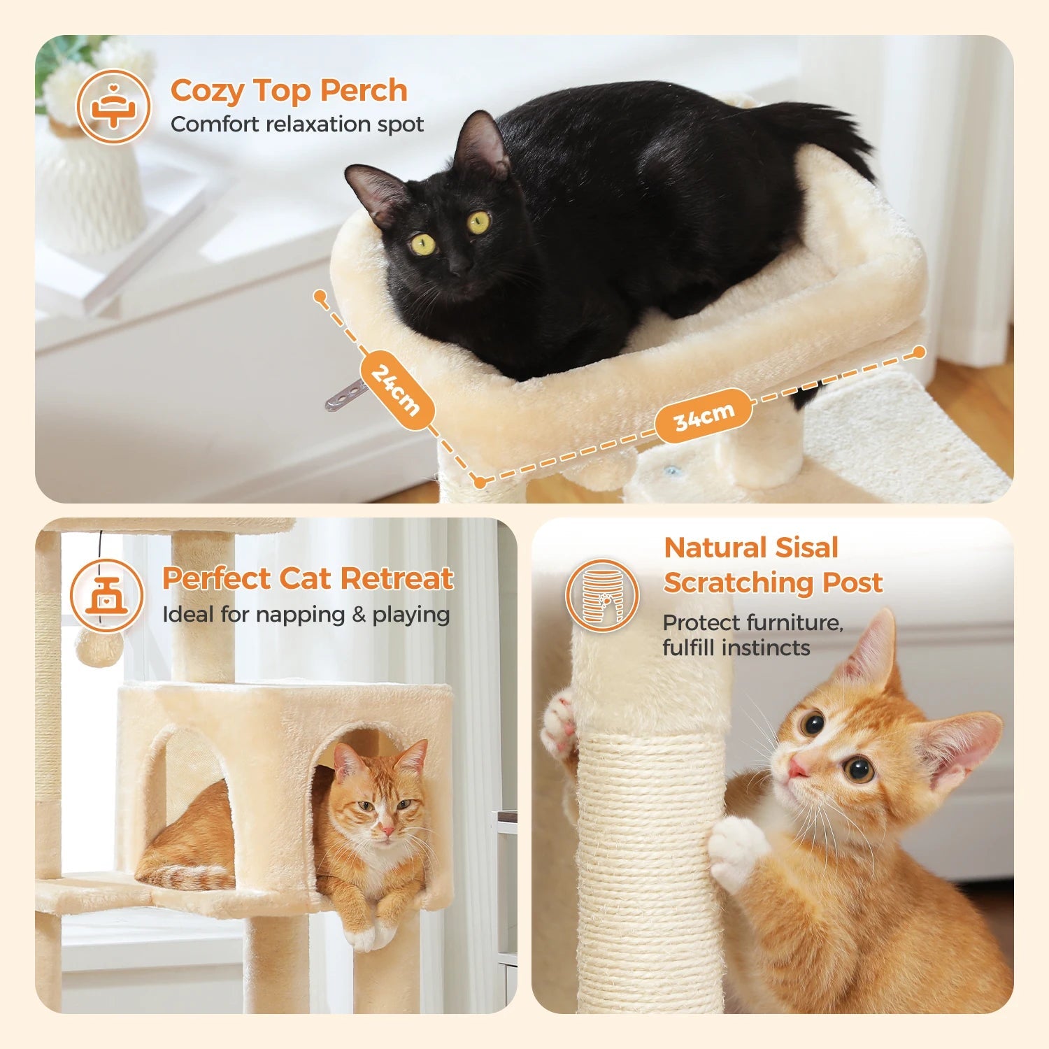 Stabilt 5-nivåers  Klös träd 113 cm med koja, sittplatser & klös stolpar Crazy Catlady Shop