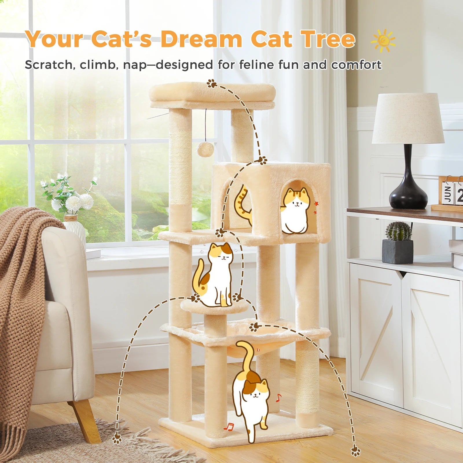 Stabilt 5-nivåers  Klös träd 113 cm med koja, sittplatser & klös stolpar Crazy Catlady Shop