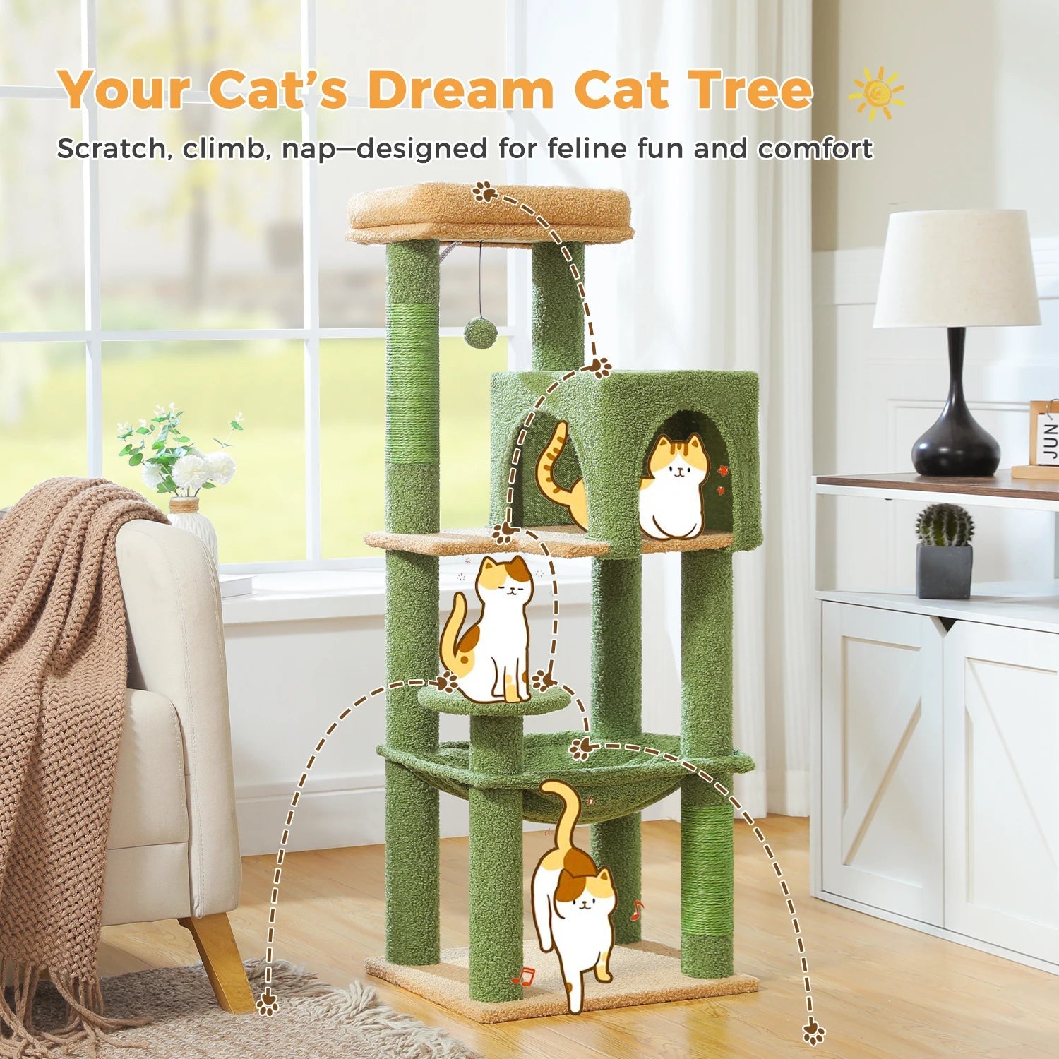 Stabilt 5-nivåers  Klös träd 113 cm med koja, sittplatser & klös stolpar Crazy Catlady Shop