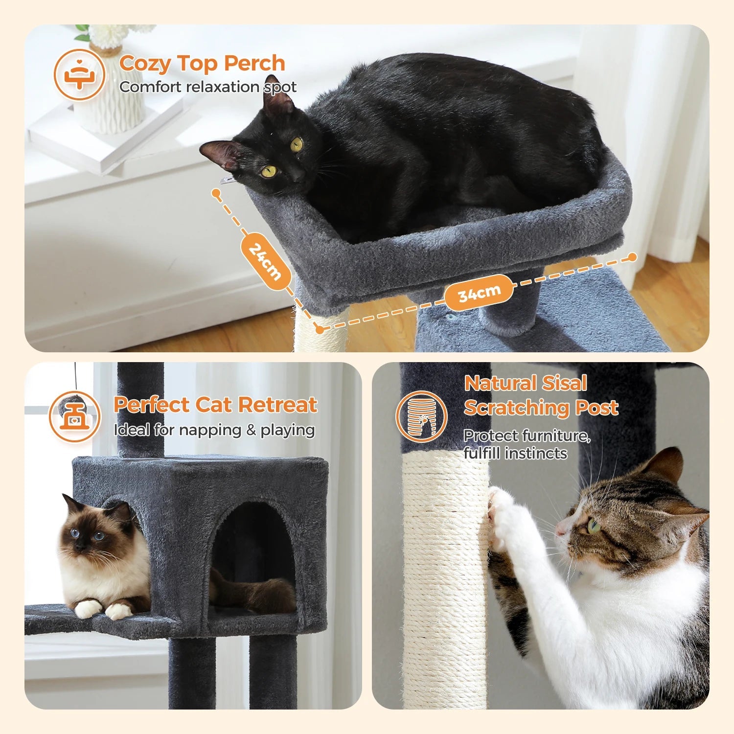 Stabilt 5-nivåers  Klös träd 113 cm med koja, sittplatser & klös stolpar Crazy Catlady Shop