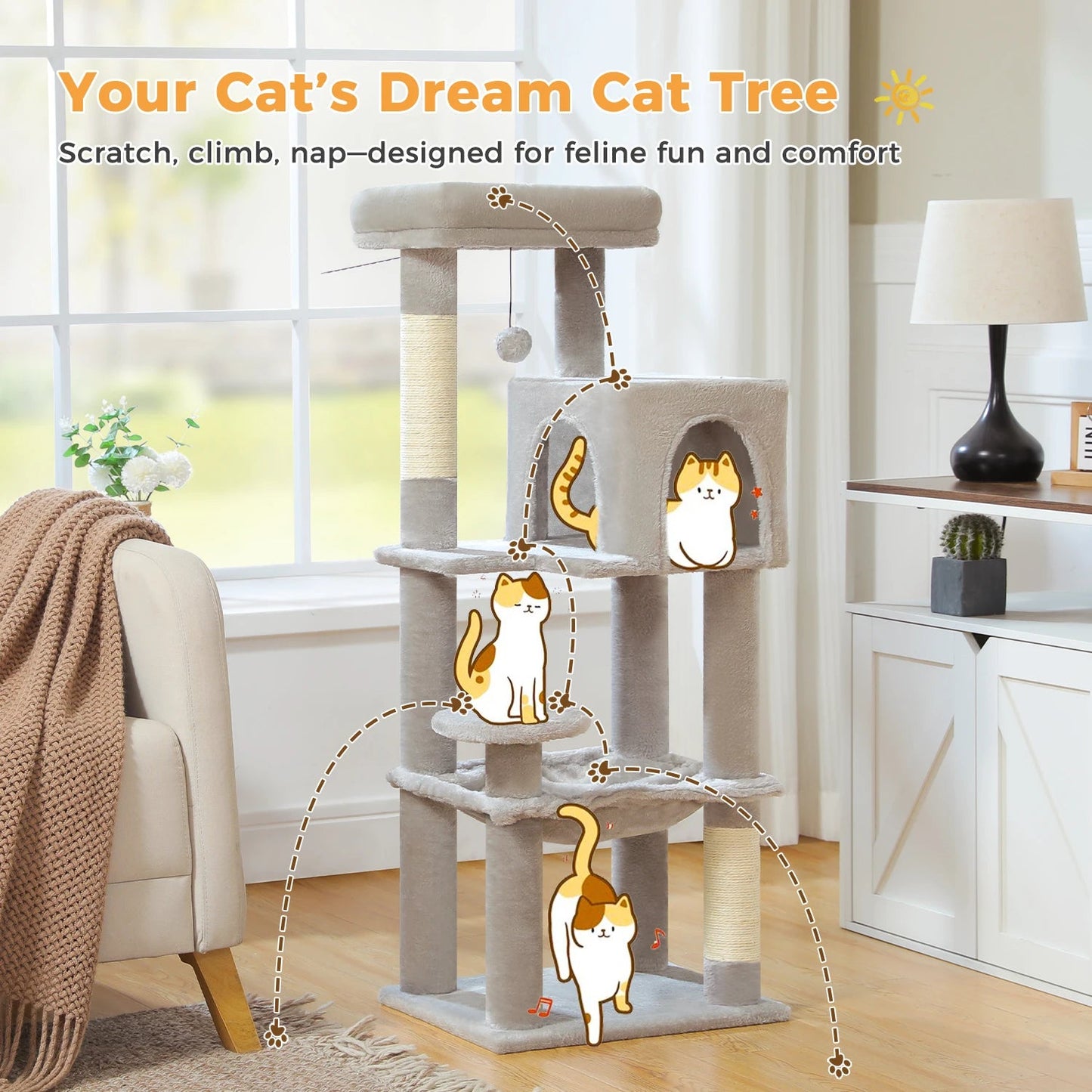 Stabilt 5-nivåers  Klös träd 113 cm med koja, sittplatser & klös stolpar Crazy Catlady Shop