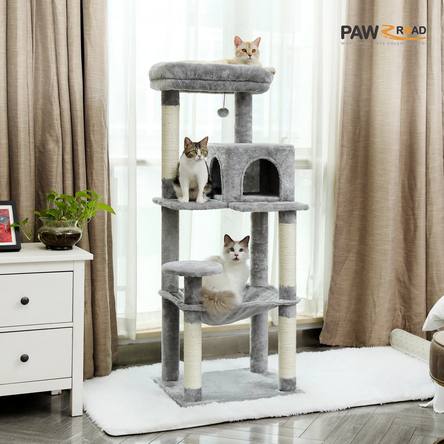 Luxury Cat Tree House Tower with Cabinet Solid Wood Cat Tree Posting Toy Multi-Level Kitten Cat Condo rascador gato arbre à chat Crazy Catlady Shop