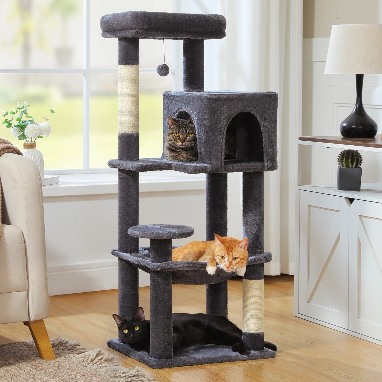 Stabilt 5-nivåers  Klös träd 113 cm med koja, sittplatser & klös stolpar Crazy Catlady Shop