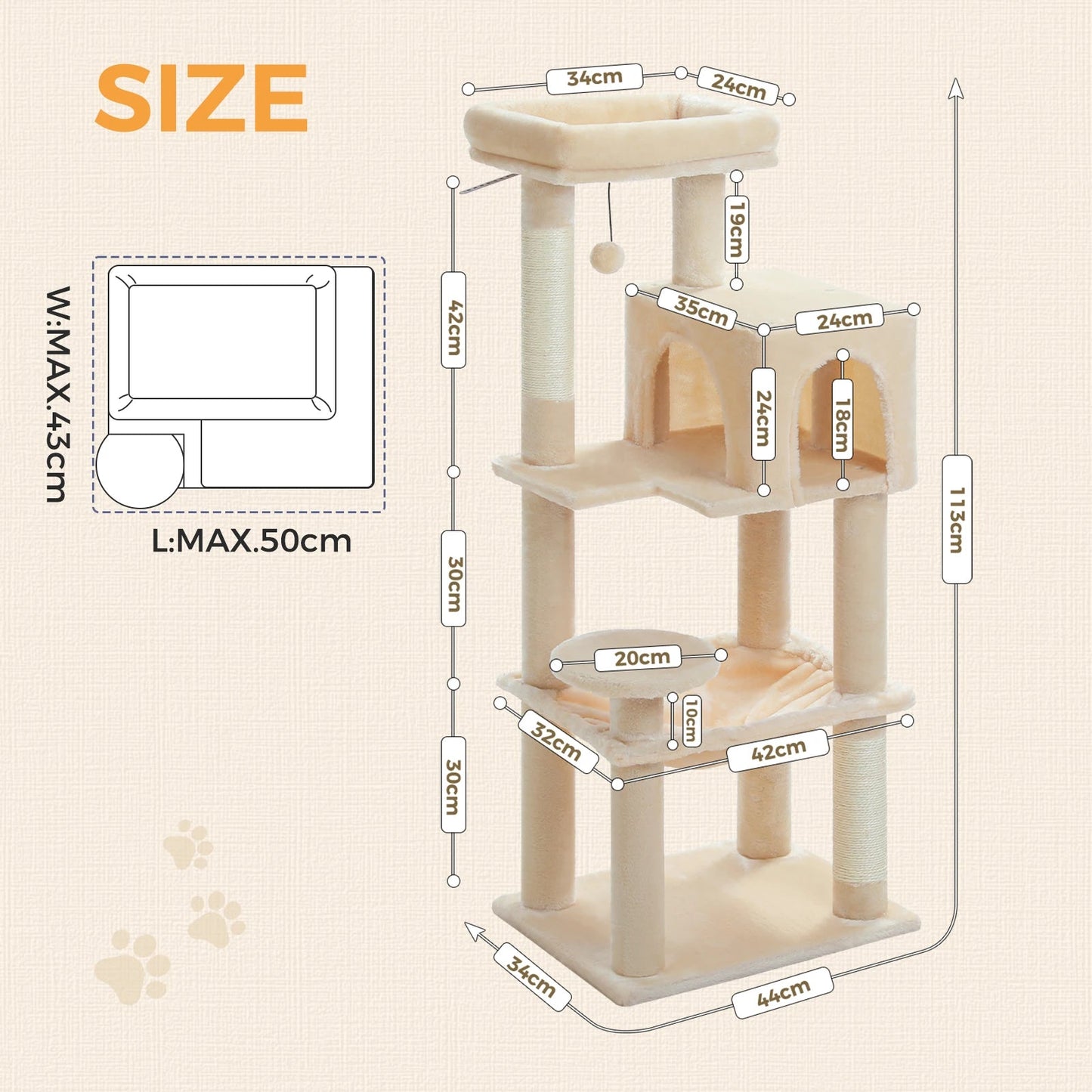 Stabilt 5-nivåers  Klös träd 113 cm med koja, sittplatser & klös stolpar Crazy Catlady Shop