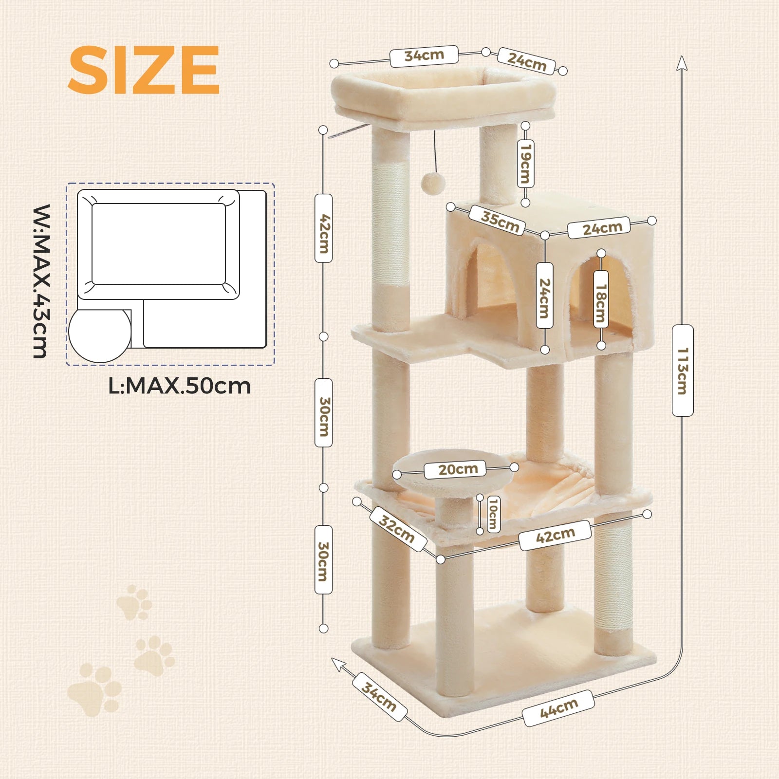 Stabilt 5-nivåers  Klös träd 113 cm med koja, sittplatser & klös stolpar Crazy Catlady Shop