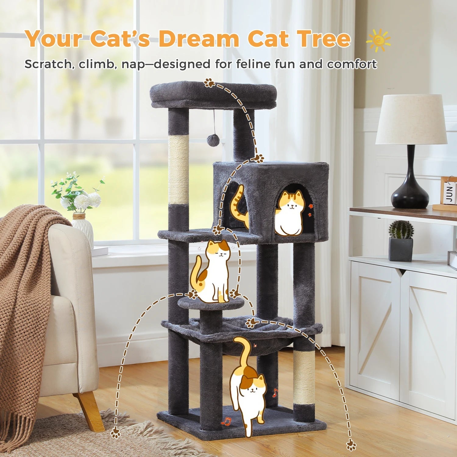 Stabilt 5-nivåers  Klös träd 113 cm med koja, sittplatser & klös stolpar Crazy Catlady Shop