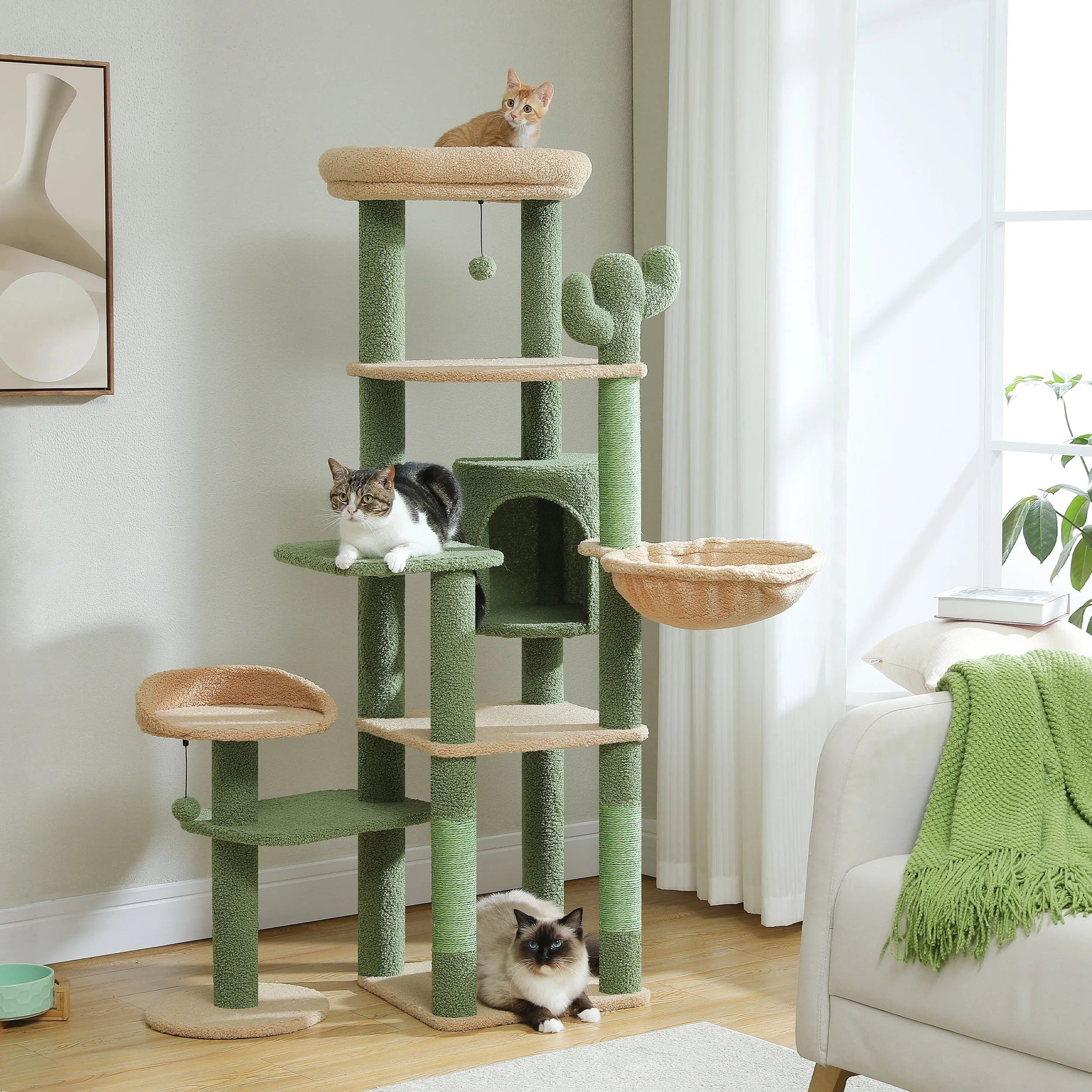 Cactus Tall Cat Tree for Large Cat Multi-Level Cat Tower for Indoor Cats Cat Condo with Large Hammock Scratching Post  2 Perches Crazy Catlady Shop