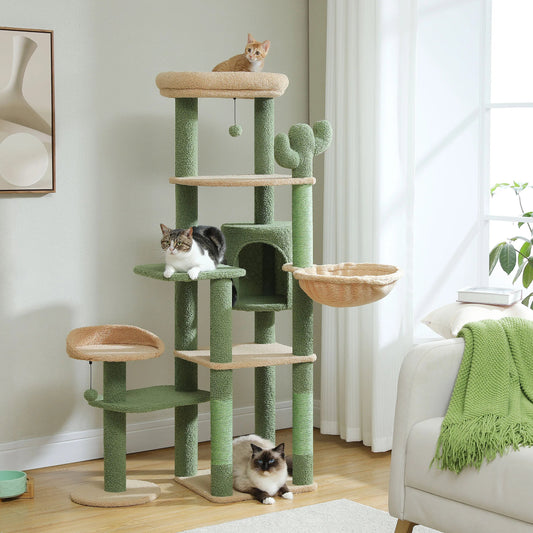 Cactus Tall Cat Tree for Large Cat Multi-Level Cat Tower for Indoor Cats Cat Condo with Large Hammock Scratching Post  2 Perches Crazy Catlady Shop